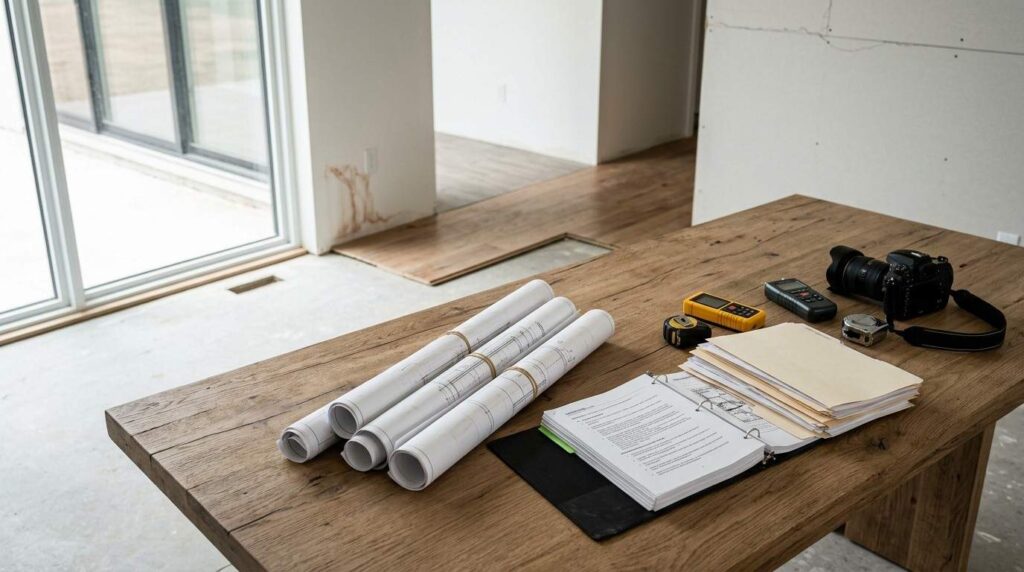 Construction inspection documents, blueprints, and measuring tools on a wooden table inside a partially finished home.