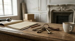 Alt text: Vintage house keys and documents on a wooden table inside an older home.
