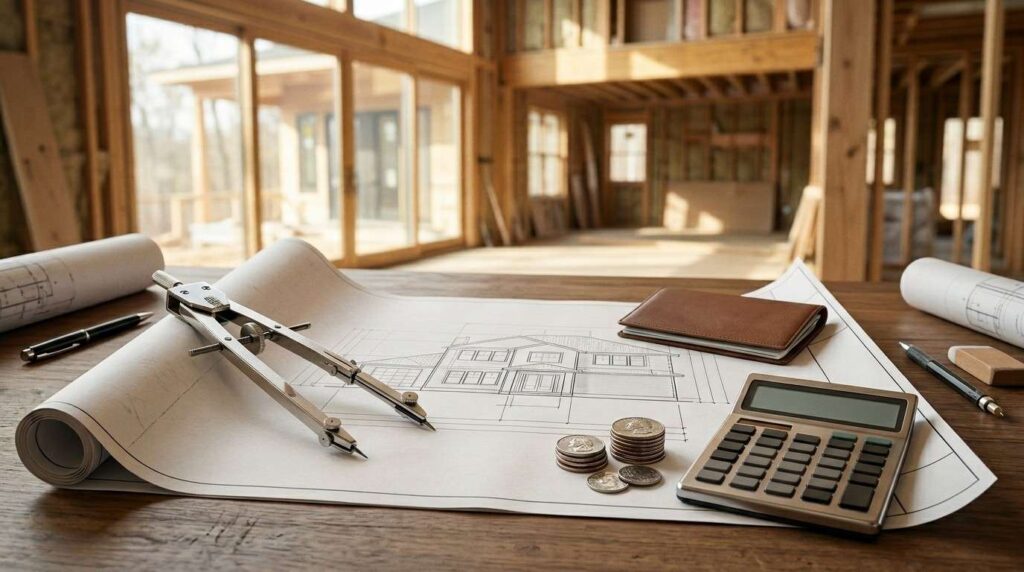 House construction blueprint with drafting tools, calculator, and cost estimates on a desk inside a partially built home.