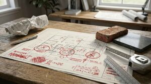 Architectural floor plan review showing design errors, revisions, measurement discrepancies, and construction planning corrections.
