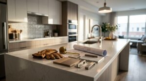 Kitchen renovation materials, floor plans, and tools displayed on a modern kitchen island.