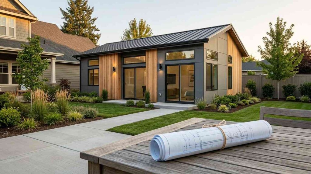 Modern backyard ADU with contemporary wood-and-metal exterior, landscaped yard, and rolled architectural plans on a foreground table.