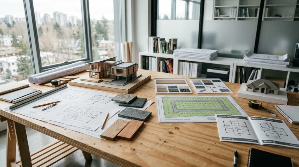 Home building project plans, architectural models, and material samples displayed on a design studio workspace.