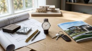 Building versus buying a home comparison with architectural plans, material samples, keys, a watch, and a finished home brochure on a table.