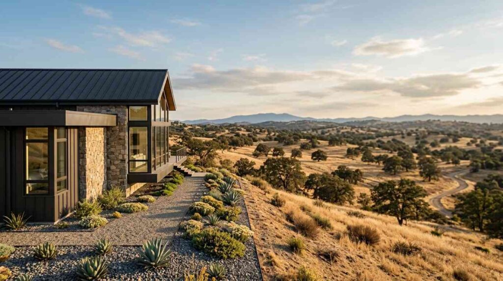 Modern hillside home with drought-tolerant landscaping overlooking rolling countryside, illustrating site selection and scenic property placement.
