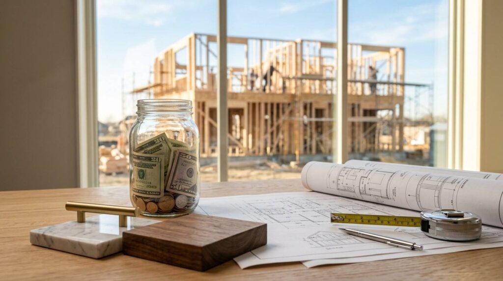 Construction budget planning with cash savings, blueprints, and measuring tools on a table overlooking a house under construction.