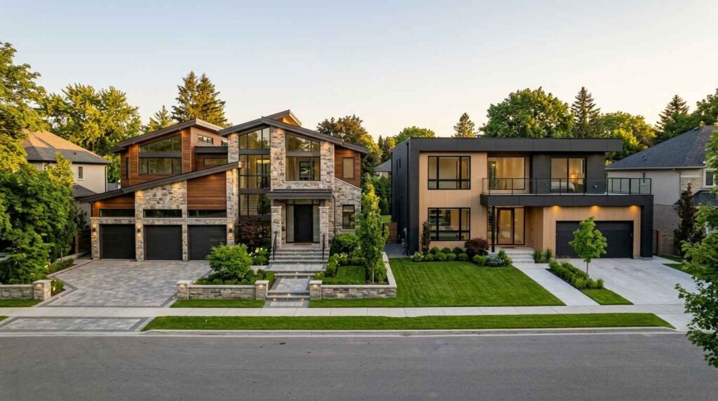 Two modern luxury custom homes with landscaped front yards in a suburban neighborhood.