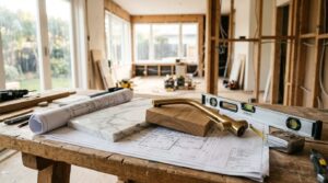 Home renovation materials, blueprints, and construction tools arranged on a workbench inside a partially remodeled house.
