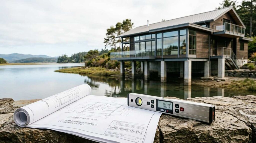 Construction plans and a digital level in the foreground with an elevated waterfront home on pilings, illustrating flood-zone building requirements and foundation planning.