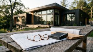 Architectural plans, material samples, and eyeglasses on a table in front of a modern custom home.