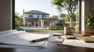 Alt text: Home design plans and material samples on a desk overlooking a finished house.