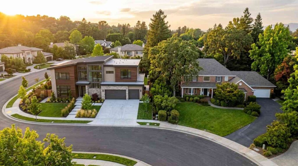 Modern and traditional homes side by side in a tree-lined suburban neighborhood viewed from above at sunset.