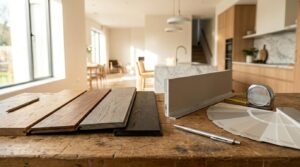 Interior finish samples, paint swatches, and measuring tools displayed on a workbench in a modern home.
