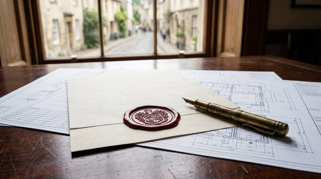 Sealed approval document and fountain pen resting on architectural blueprints near a window.