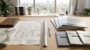 Custom home versus tract home comparison featuring floor plans, material samples, cabinet styles, and model home brochures on a desk.