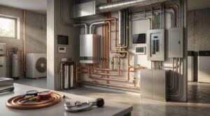 Modern mechanical room with HVAC, plumbing, electrical panels, water filtration system, and energy-efficient home infrastructure.