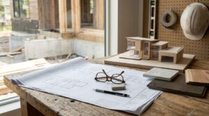 Architectural plans, material samples, and a house model displayed on a workbench overlooking a home under construction.
