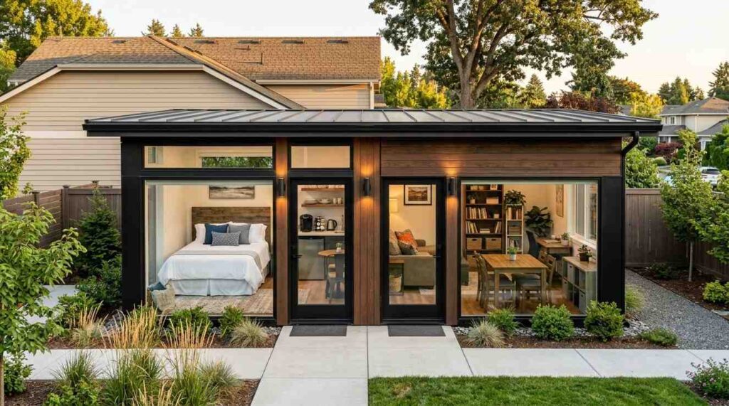 Modern backyard ADU with floor-to-ceiling windows showcasing a bedroom, kitchenette, living area, and dining space.