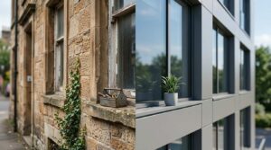 Side-by-side comparison of an older stone building and a modern low-maintenance exterior.