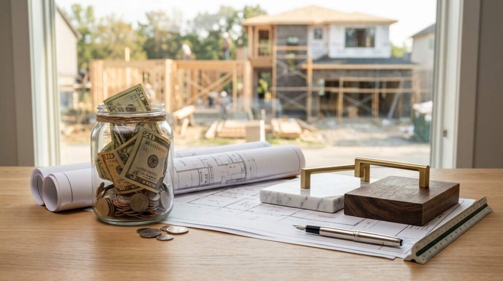 Savings jar, home plans, and material samples on a table with a house under construction in the background.