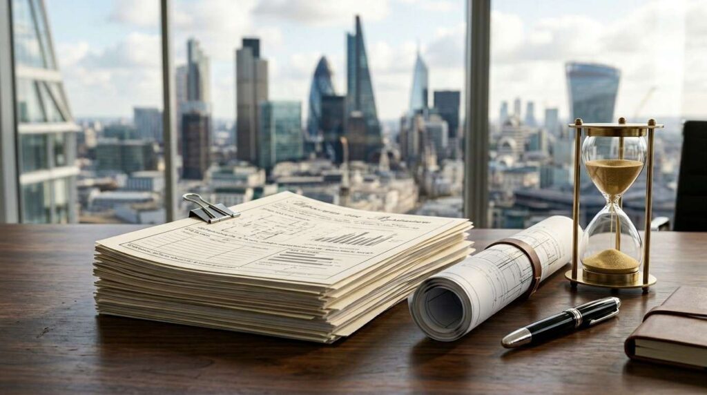 Stack of permit documents, rolled blueprints, and an hourglass on a desk overlooking a city skyline, symbolizing project planning and approval timelines.