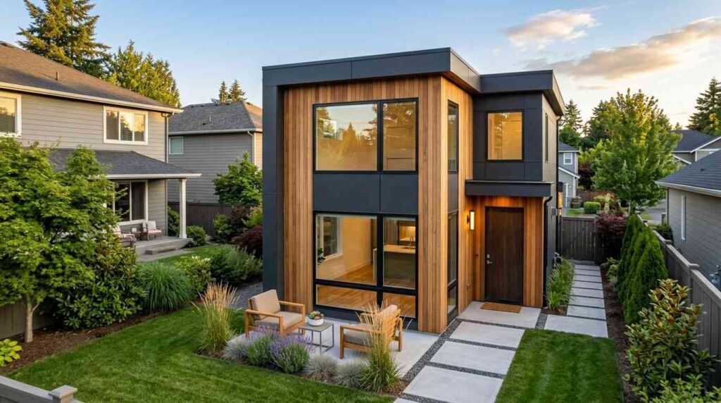 Two-story modern backyard ADU with wood siding, large windows, landscaped yard, and private patio seating area.