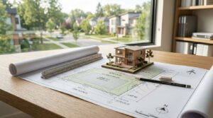 Site plan, house model, and drafting tools on a desk with a residential neighborhood visible through the window.