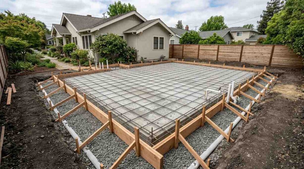 ADU foundation site with concrete slab formwork, rebar grid, utility connections, and gravel base prepared for construction.