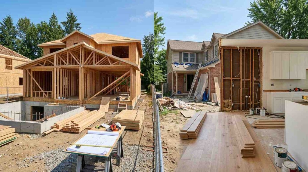 Side-by-side comparison of a custom home under construction and a home renovation project with interior remodeling in progress.