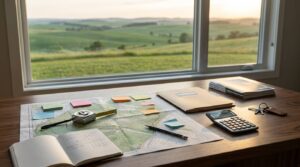 Land purchase planning with site maps, budget calculations, property documents, and rural landscape views.