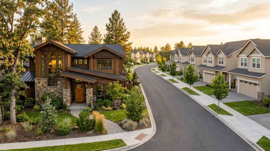 Custom luxury home beside a row of similar suburban tract homes in a landscaped neighborhood.