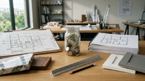 Custom home versus spec home cost comparison featuring architectural plans, material samples, finish selections, and a jar of money on a design studio desk.