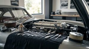 Classic car engine bay with maintenance tools arranged during a repair or inspection.