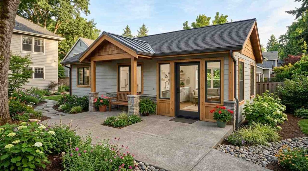 Backyard ADU with covered porch, accessible entry, landscaped garden, and bright interior visible through large windows.