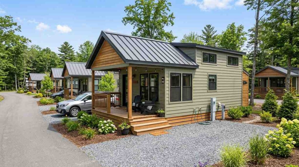 Park model home in an RV resort community featuring a covered front porch, landscaped gravel lot, utility connections, and neighboring compact homes along a private road, showcasing a small-footprint residential setting designed for long-term or seasonal living.