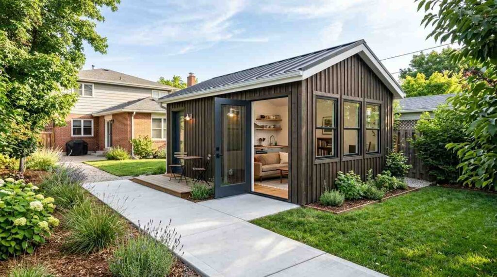 Detached backyard ADU with dark wood siding, large windows, landscaped garden, and a modern patio entrance