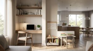 Family-friendly home workspace with a built-in desk, children’s study area, and open-plan kitchen in the background.