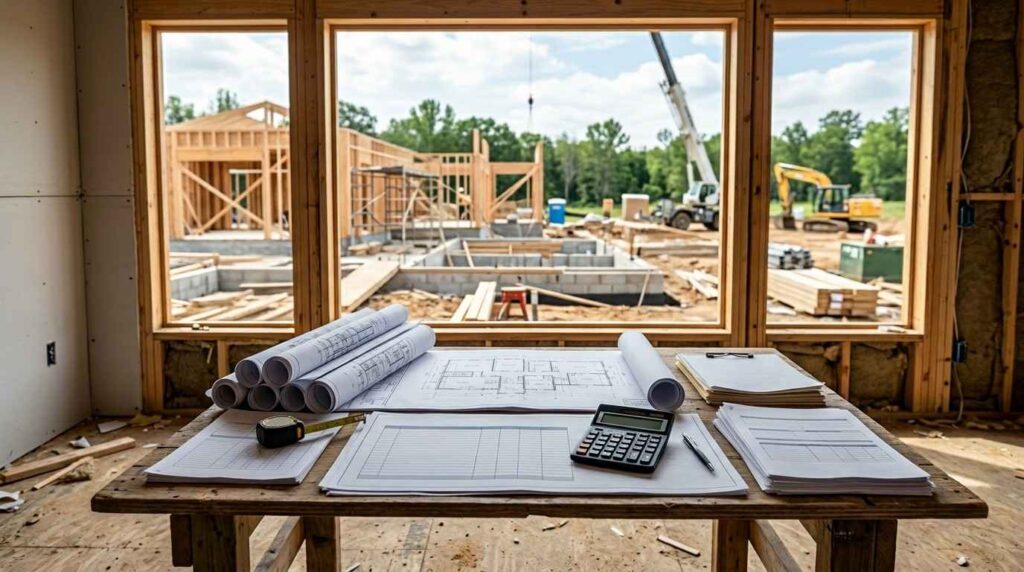 Home construction plans and budgeting documents at an active building site.