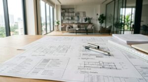Architectural plans and a pen on a desk with a modern living space in the background.
