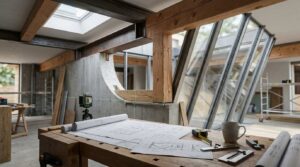 Architectural plans and measuring tools on a workbench inside a modern timber-and-glass home under construction.