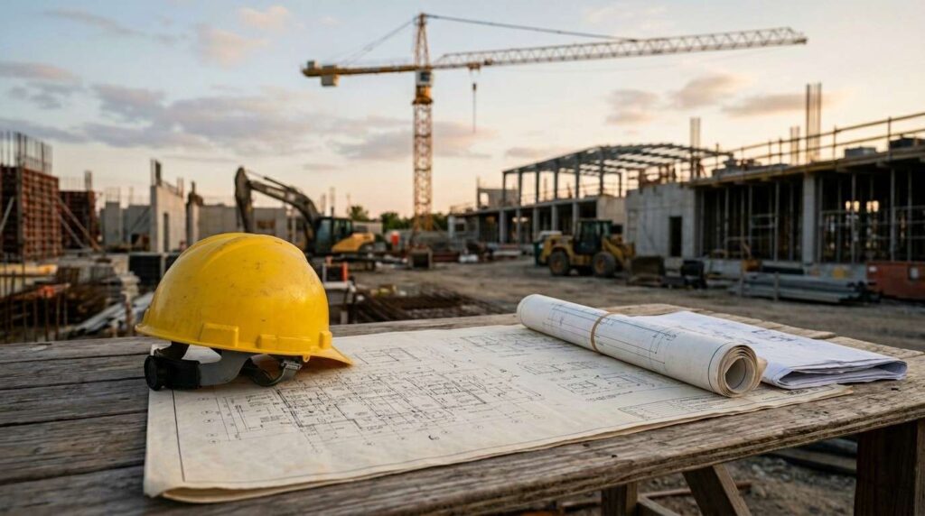 Construction site with a yellow hard hat and building blueprints on a wooden table, surrounded by cranes and structures under development.