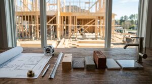 Custom home construction planning with blueprints, building material samples, measuring tools, and fixtures overlooking a residential framing site.