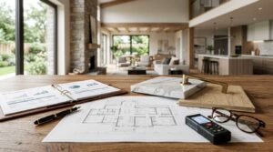 Floor plan, financial documents, and material samples on a table in a modern home.