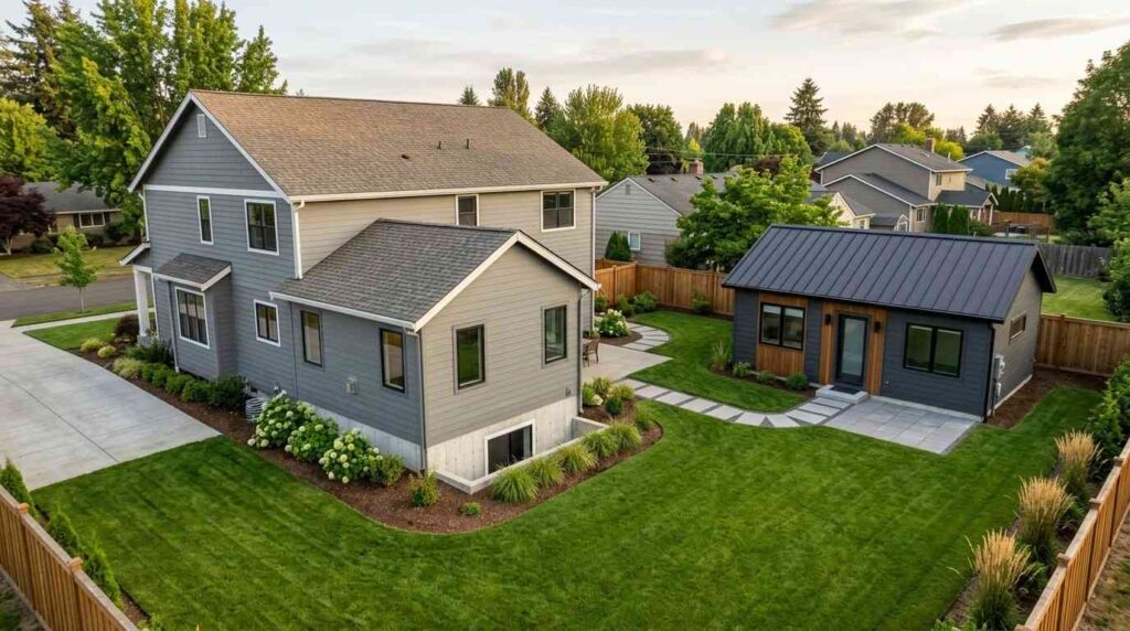 Aerial view of a suburban property showing a detached ADU in the backyard alongside a larger primary home, connected by landscaped walkways, manicured lawns, and modern outdoor living spaces.
