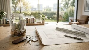 Savings jar, house keys, and home floor plans on a table, representing budgeting and planning for homeownership.