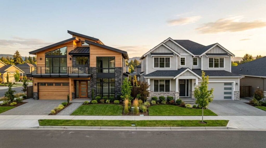 Modern custom home and traditional suburban home side by side with landscaped front yards.