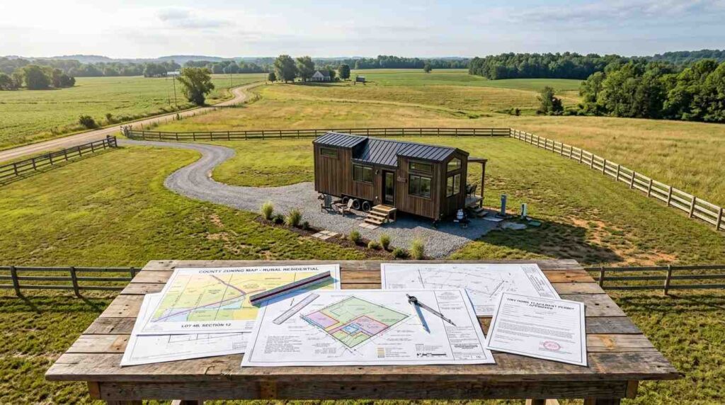Elevated view of a tiny home on wheels situated on a large rural property, with zoning maps, site plans, and permit documents displayed on a wooden table in the foreground, illustrating land-use planning, placement considerations, and regulatory requirements for tiny house development.