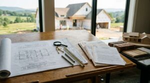 Home construction plans, permit documents, and financing paperwork for a residential building project.