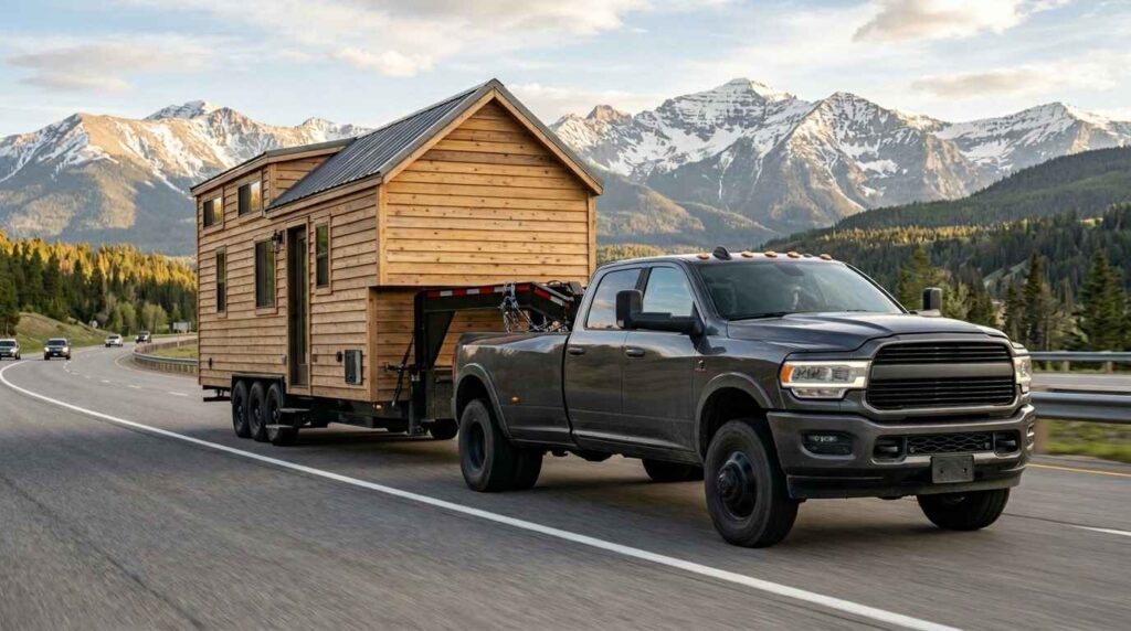 Pickup truck towing a tiny home on a trailer along a mountain highway.