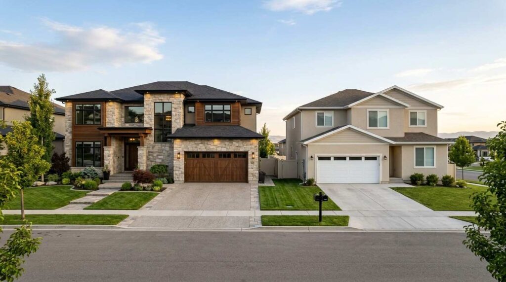 Luxury custom home beside a standard suburban home, highlighting differences in design, materials, and curb appeal.